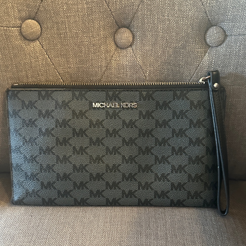 Michael Kors Black Mk Logo Wristlet Pouch With Gold Hardware